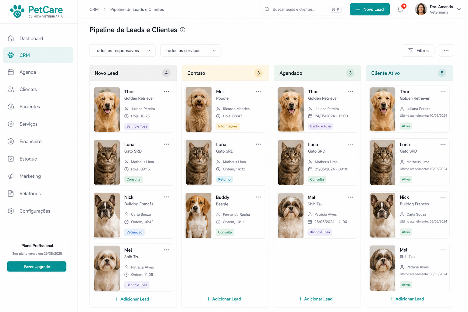 CRM pets — pipeline Kanban